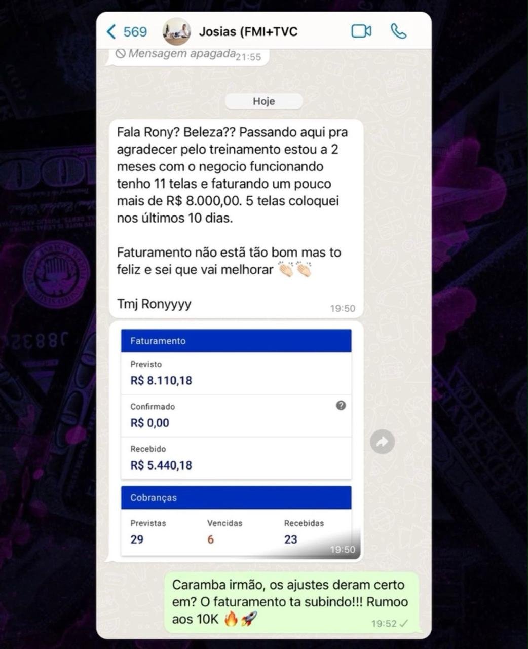 Depoimento de aluno sobre seus resultados com telas de publicidade — 5